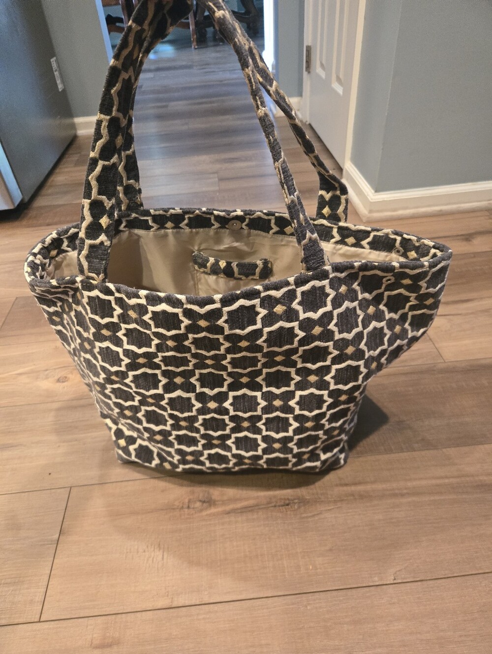 Geometric Gray & Beige Fabric Tote Bag - Picture 2 of 9